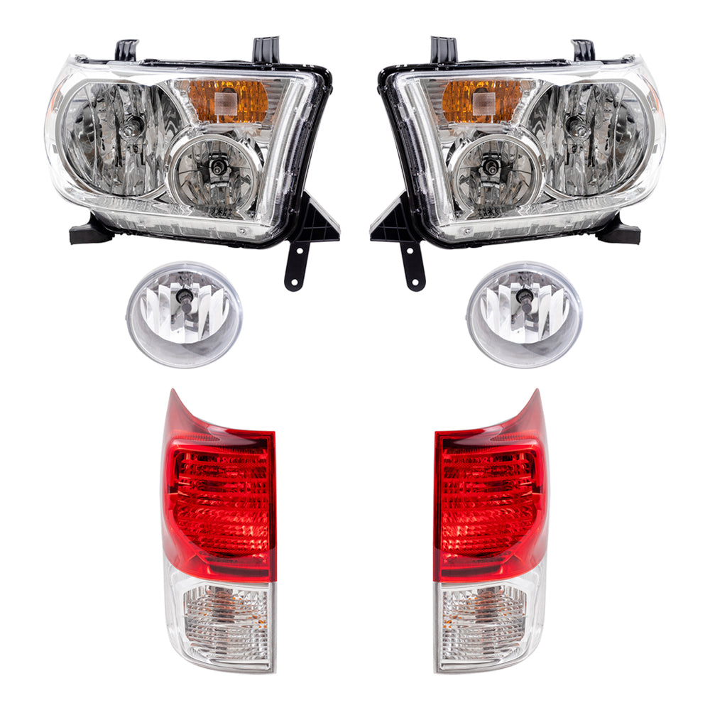 Brock Replacement Driver and Passenger Side Headlights without Level Adjuster, Fog Lights and Tail Lights 6 Piece Set Compatible with 2010-2013 Tundra