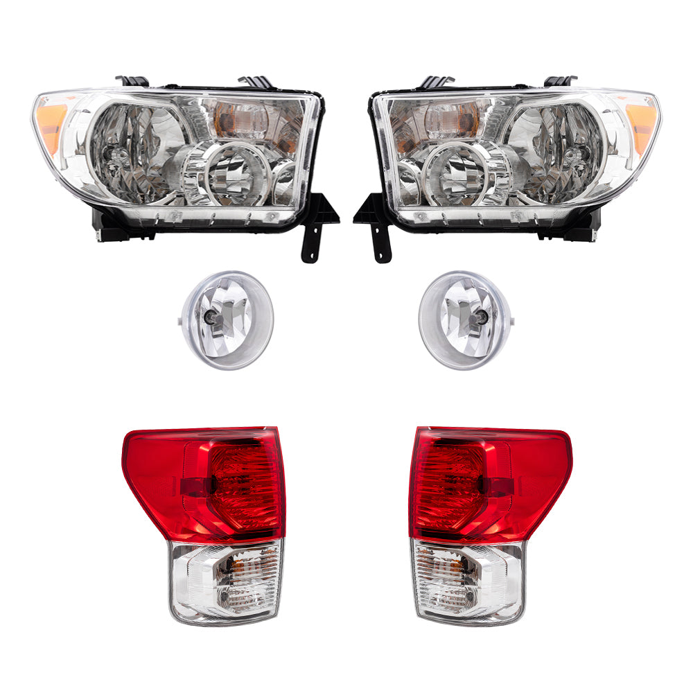 Brock Replacement Driver and Passenger Side Headlights without Level Adjuster, Fog Lights and Tail Lights 6 Piece Set Compatible with 2010-2013 Tundra