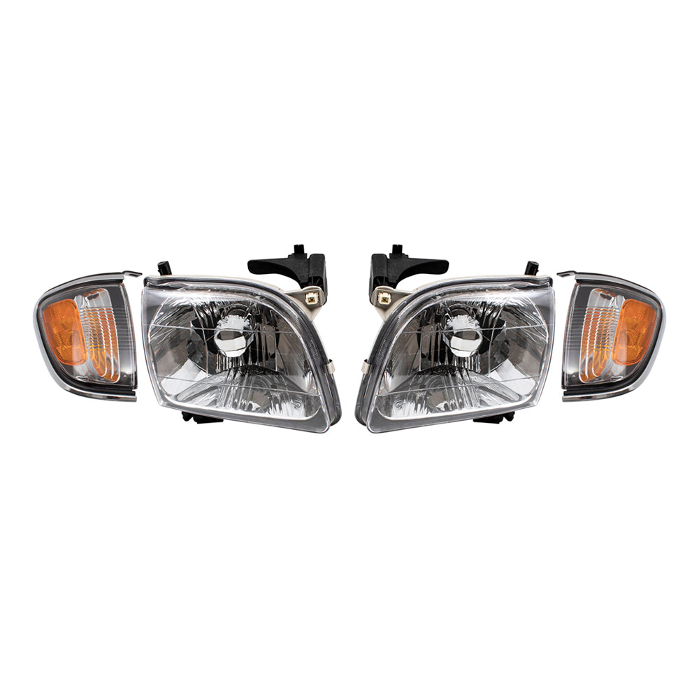 Brock Replacement 4 Pc Headlights with Chrome Trim & Signal Lights Compatible with 01-04 Tacoma