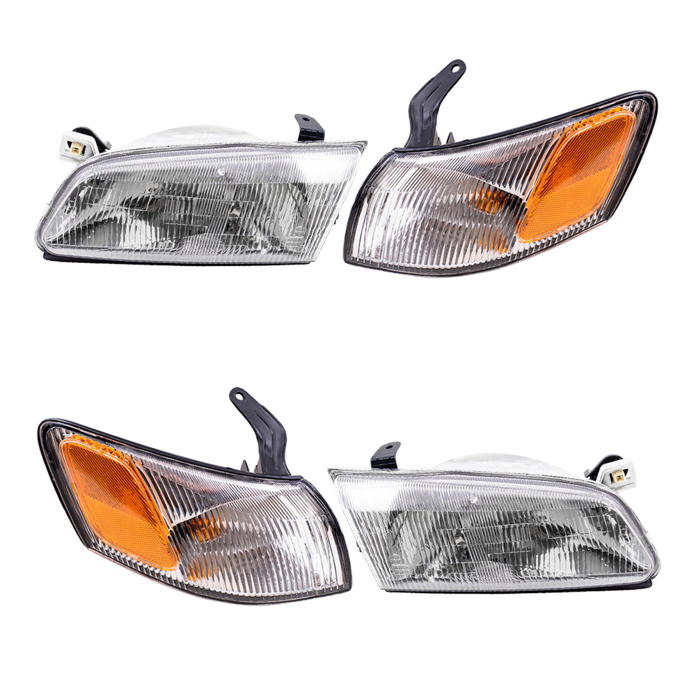 Brock Replacement Driver and Passenger Side Halogen Headlight Assemblies and Park Signal Light Assemblies 4 Piece Set Compatible with 1997-1999 Camry