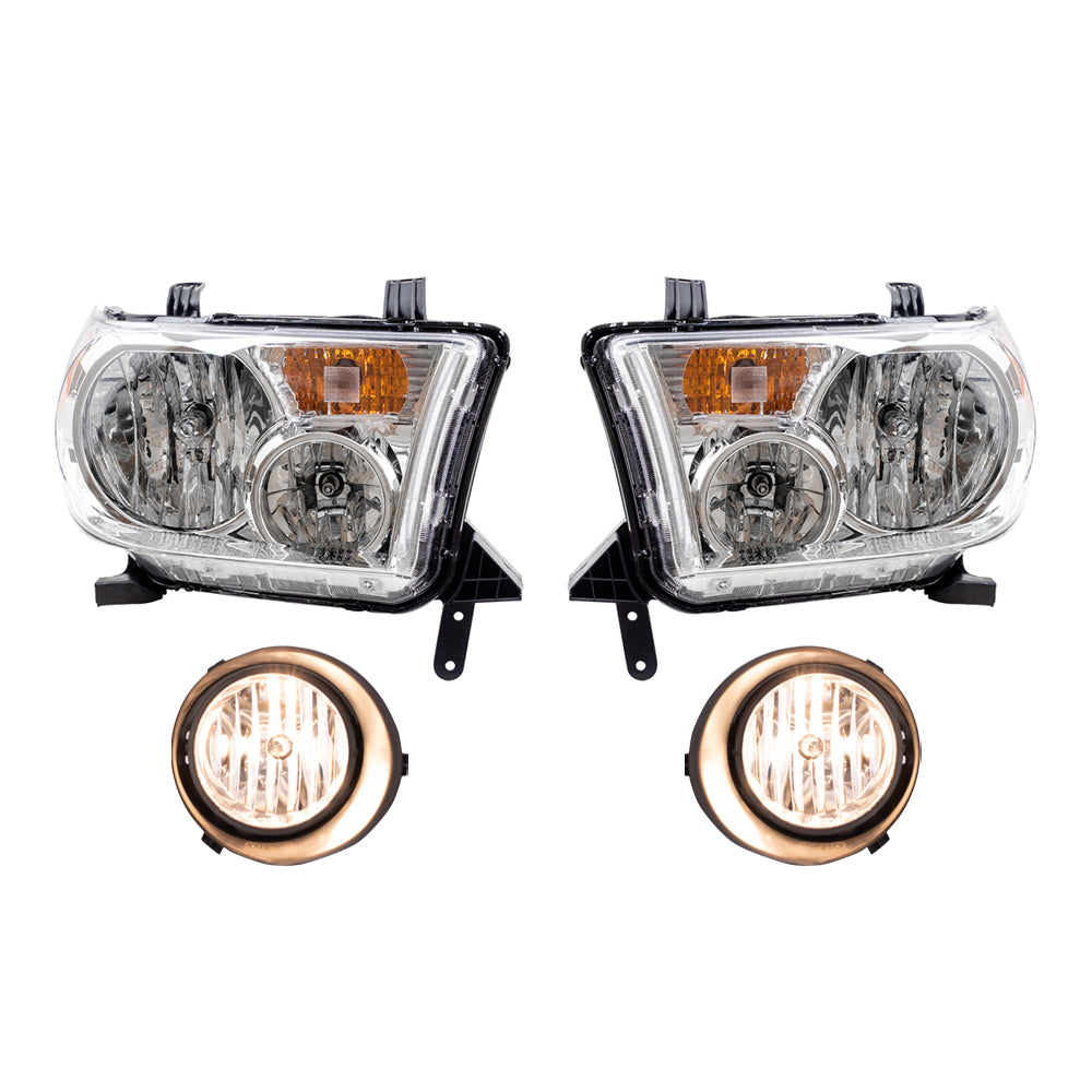 Brock Replacement Driver & Passenger Side Headlights without Level Adjuster and Fog Lights with Clear Lens, Bulbs, Bezels, Wiring, and Switches 4 Piece Set Compatible with 2007-2013 Tundra