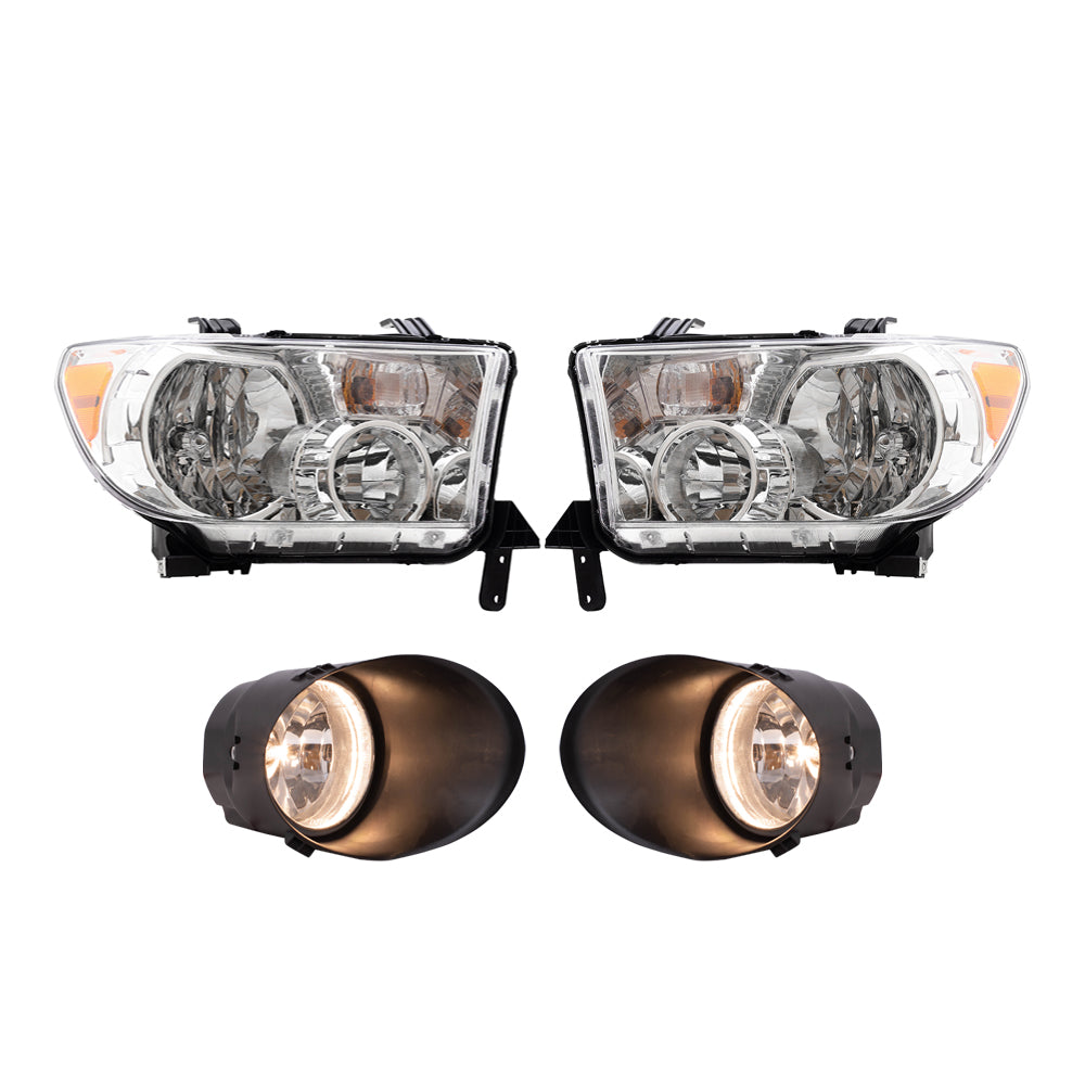 Brock Replacement Driver & Passenger Side Headlights without Level Adjuster and Fog Lights with Clear Lens, Bulbs, Bezels, Wiring, and Switches 4 Piece Set Compatible with 2007-2013 Tundra