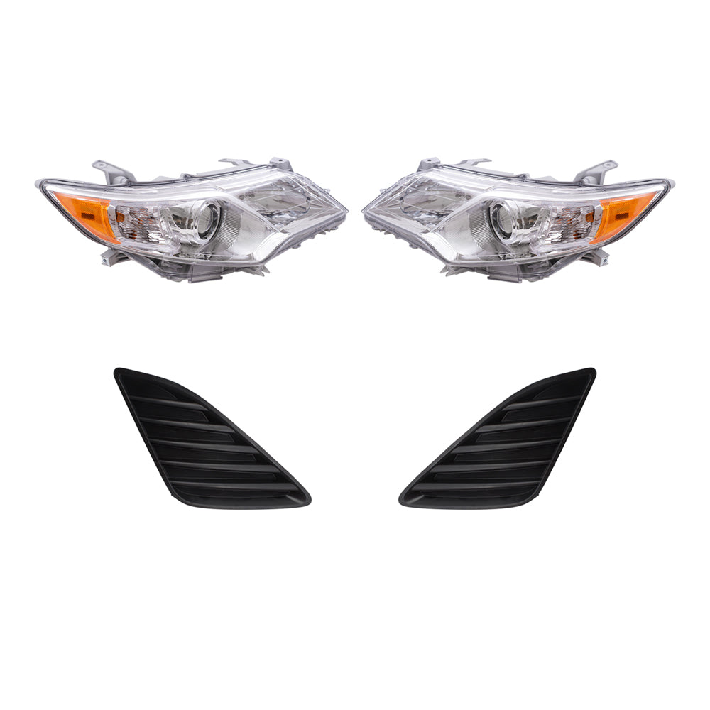 Brock Replacement Driver and Passenger Side Halogen Combination Headlights with Chrome Bezel and Black Fog Light Hole Covers 4 Piece Set Compatible with 2012-2014 Camry L/LE/XLE & 12-14 Camry Hybrid