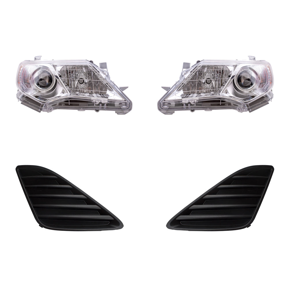 Brock Replacement Driver and Passenger Side Halogen Combination Headlights with Chrome Bezel and Black Fog Light Hole Covers 4 Piece Set Compatible with 2012-2014 Camry L/LE/XLE & 12-14 Camry Hybrid