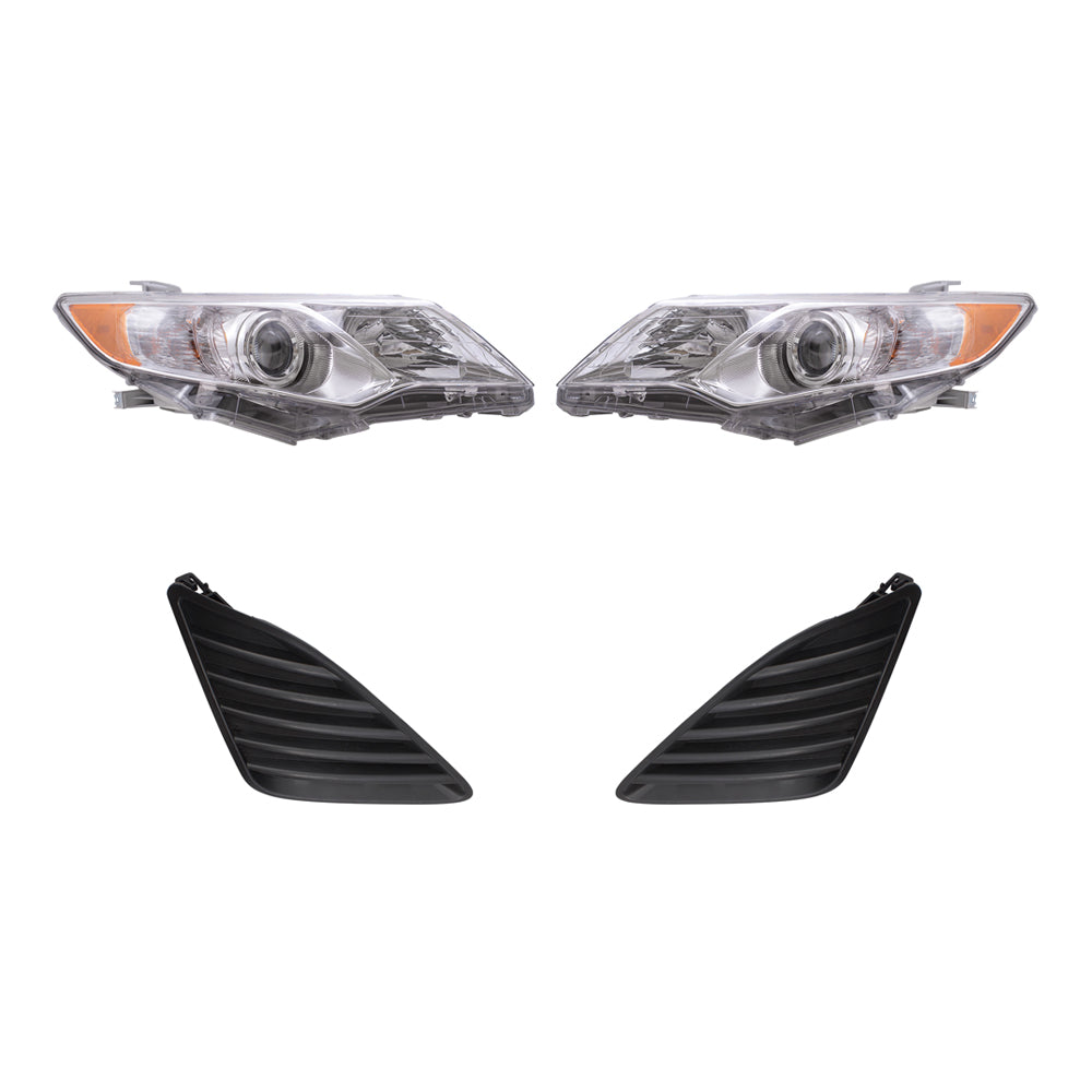 Brock Replacement Driver and Passenger Side Halogen Combination Headlights with Chrome Bezel and Black Fog Light Hole Covers 4 Piece Set Compatible with 2012-2014 Camry L/LE/XLE & 12-14 Camry Hybrid