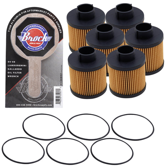 Brock Replacement 6 Pc Oil Filters with Wrench Tool Set Kit Compatible with 2004-2008 Gallardo Spyder Coupe Superleggera SE Base Nera 07L115561C