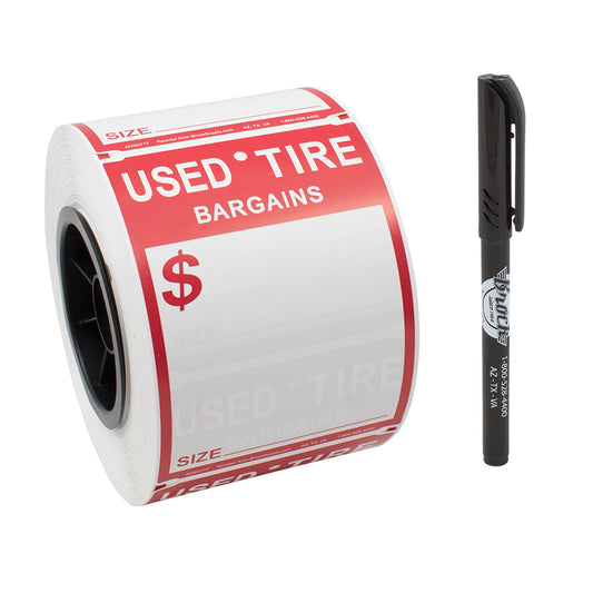 Staple-ON or Tape-ON Labels 500 Pc Roll Set Used Tire Tag Sales Red & White 4" x 5 1/2" 3/8" Wire Hole w/Marker for Auto Tire Retail Shops