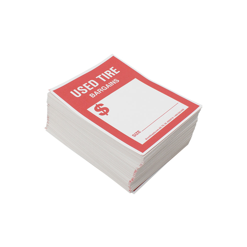 250 Piece Box Set Stick On Adhesive Used Tire Tag Sticker Labels Red & White 4" x 5 1/8"