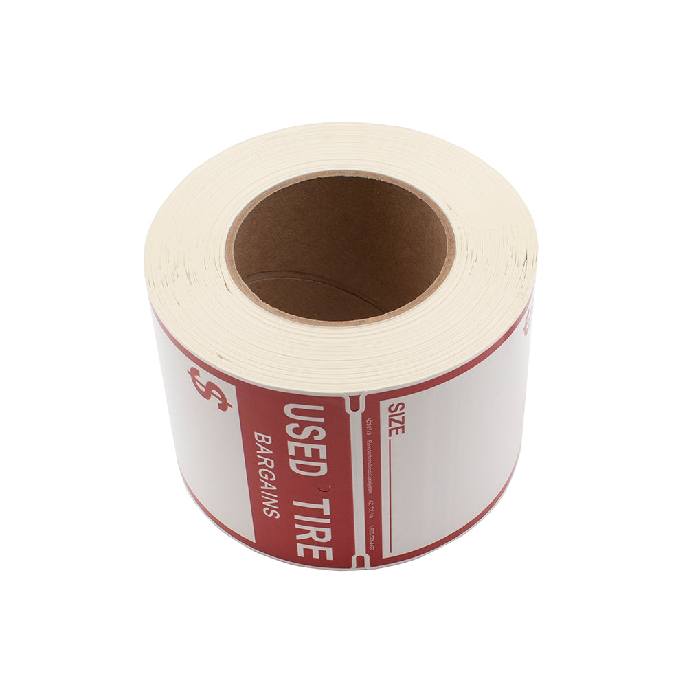 500 Pc Roll Adhesive Used Tire Tag Weather Resistant Polysteel Sticker Label 4" x 5 1/2" Red & White w/ Marker for Auto Tire Repair Retail Shop