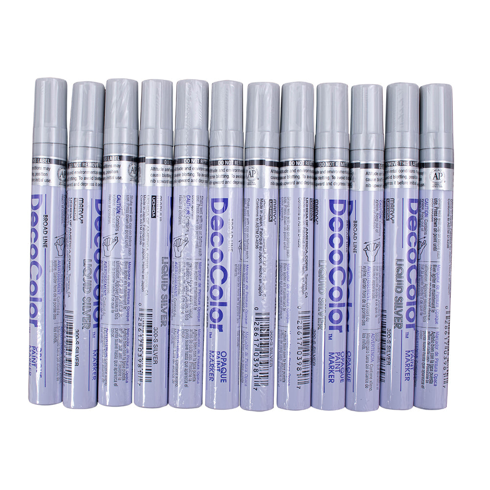 12 Pc Set Silver Decocolor Paint Marker Pens Broad Line Point Glossy Opaque on Metal Wood Glass Stone for Industrial Auto Trade Arts
