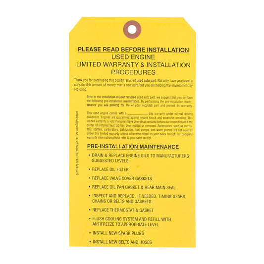 500 Pc Box Used Engine Tags 7 1/4" x 4" Yellow Heavy Card Stock w/ Reinforced Eyelet Recycled Label Notice Directions & Wire Kit