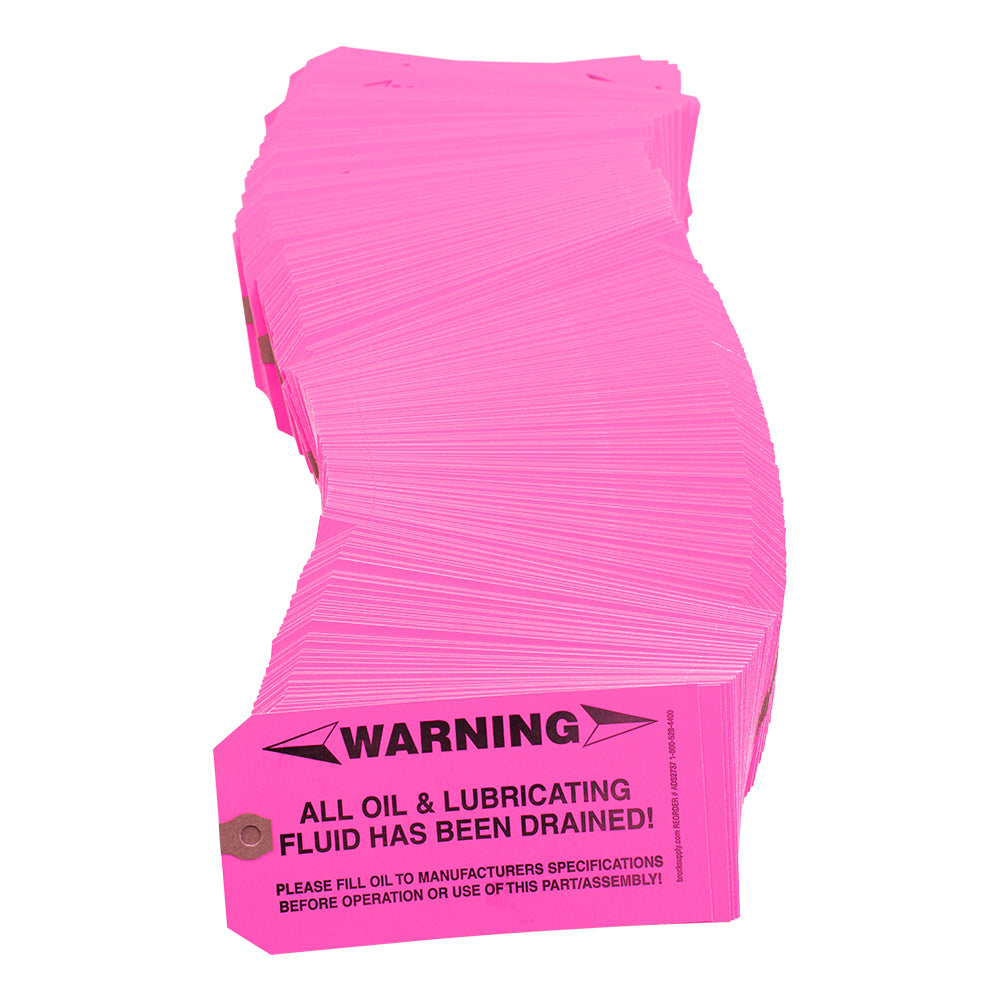 250 Pc Box Pink Warning - No Oil Tags Heavy Card Stock Reinforced Eyelet Labels & Wire Kit Auto Shop Repair Garage Salvage