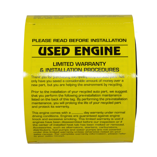 250 Pc Box Yellow Used Engine Pre-Installation Tags 4" x 5 1/2" High Strength Polysteel Weather Proof for Auto Shop Repair Salvage