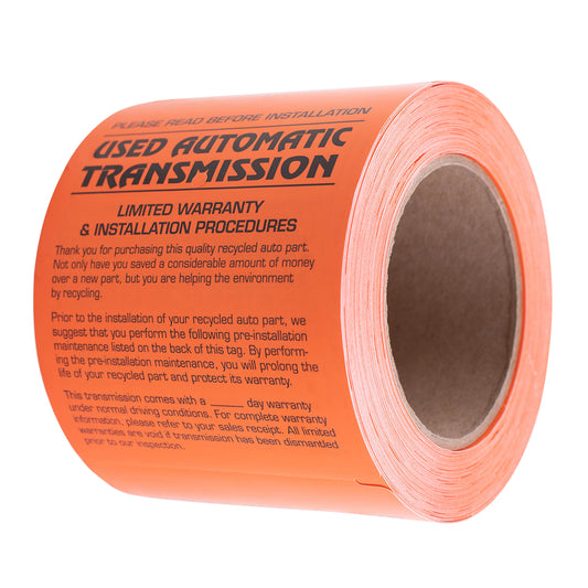 250 Pc Box Used Automatic Transmission Pre-Installation Tags 4" x 5 1/2" Weatherproof Polysteel Label for Auto Shop Repair Salvage Recycling