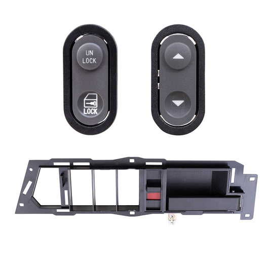Brock ADS2831RC3 Inside Door Handle With Black Base/Black Lever With Power Window & Power Lock Switches 3 Piece Set Compatible With 1990-1994 GM C/K Pickup