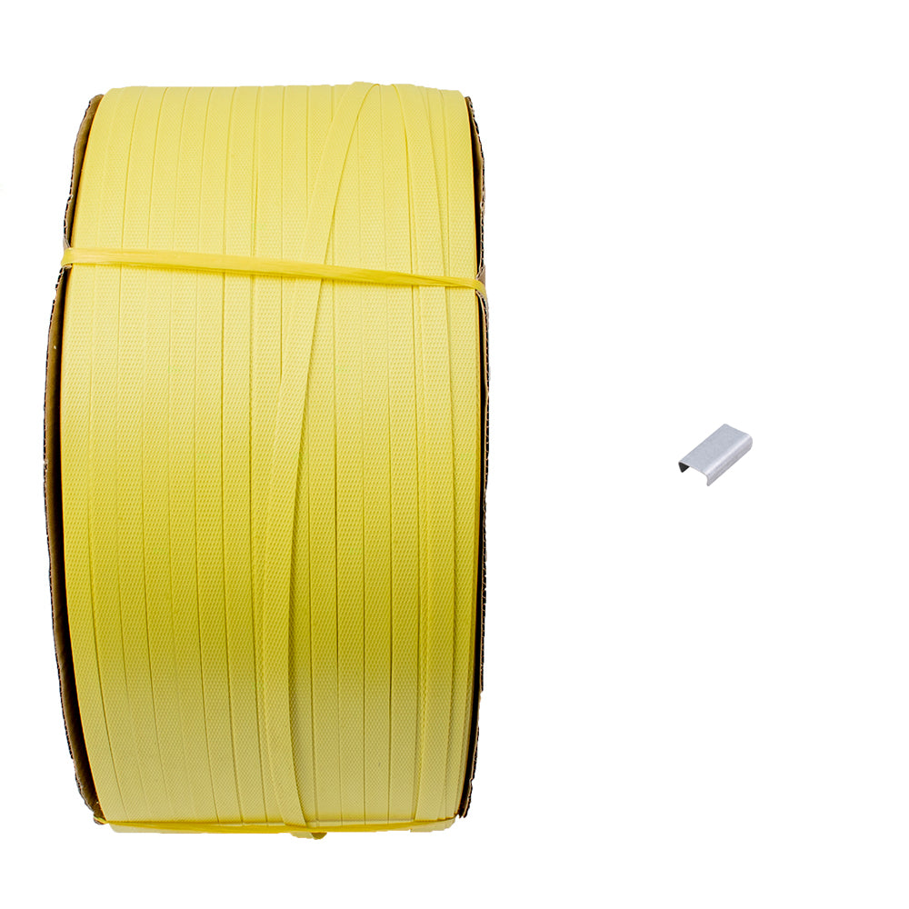 Brock Polystrap Banding Coil Yellow Roll & Box of 2000 Open Seal Buckles Set for Shipping Storage Warehouse Industrial