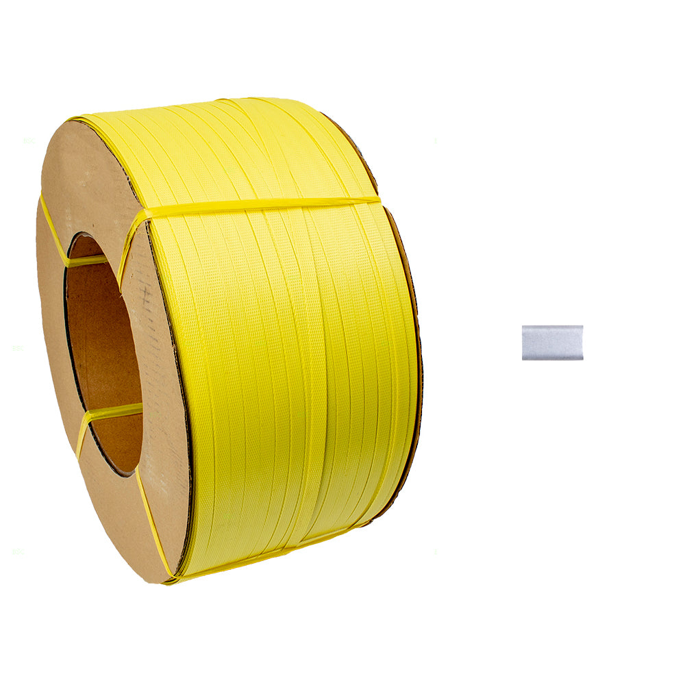 Brock Polystrap Banding Coil Yellow Roll & Box of 2000 Open Seal Buckles Set for Shipping Storage Warehouse Industrial