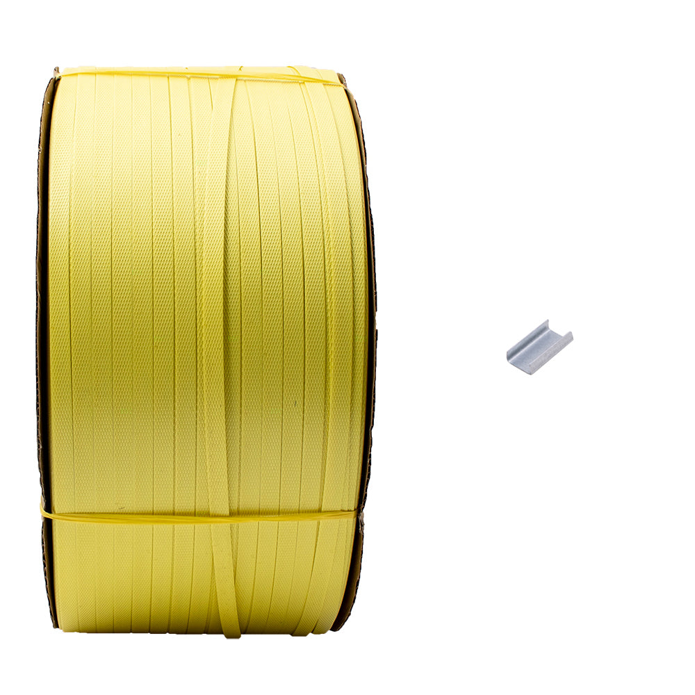 Brock Polystrap Banding Coil Yellow Roll & Box of 2000 Open Seal Buckles Set for Shipping Storage Warehouse Industrial