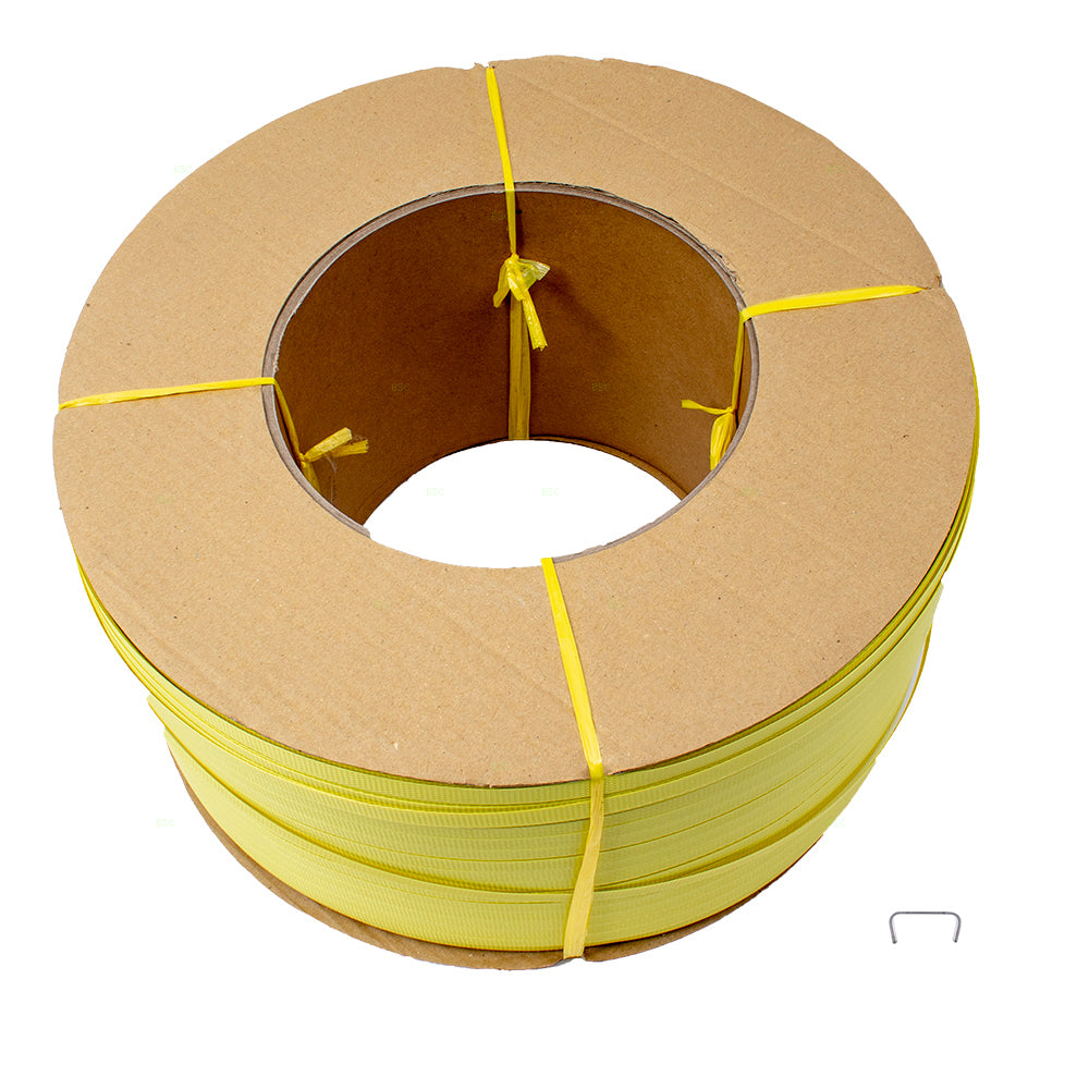 Brock Polystrap Banding Coil Yellow Roll & Box of 2000 Open Seal Buckles Set for Shipping Storage Warehouse Industrial