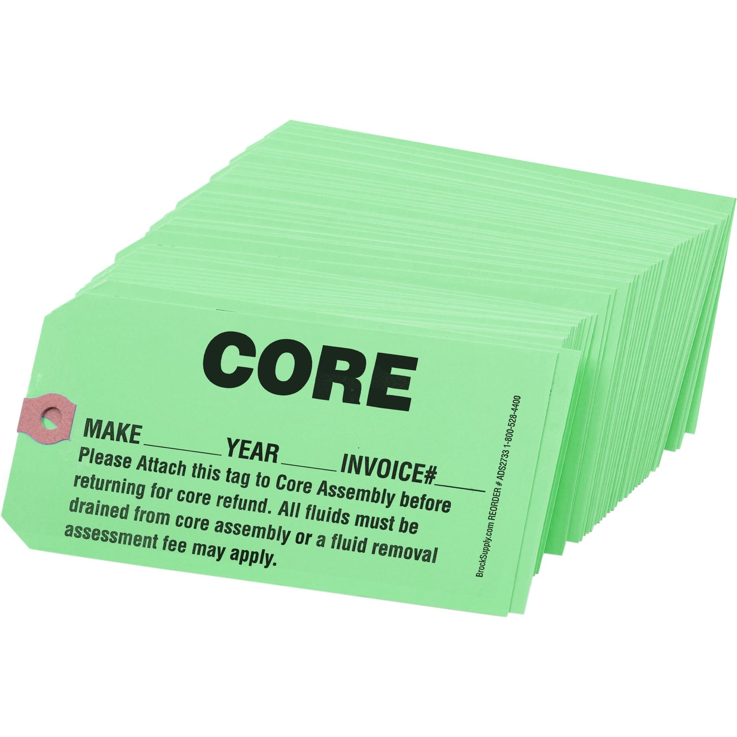 Brock ‘CORE’ Parts Tag - 5 3/4 Inch x 2 7/8 Inch Bright Green Heavy Card Stock With Reinforced Eyelet - 250 Tags Per Box ADS2733