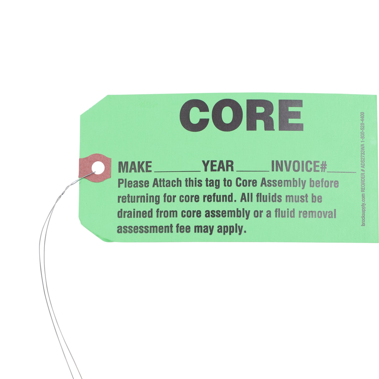 Brock ‘CORE’ Parts Tag With Wire Attached - 5 3/4 Inch x 2 7/8 Inch Bright Green Heavy Card Stock With Reinforced Eyelet- Includes Pen - 250 Tags Per Box ADS2733WA