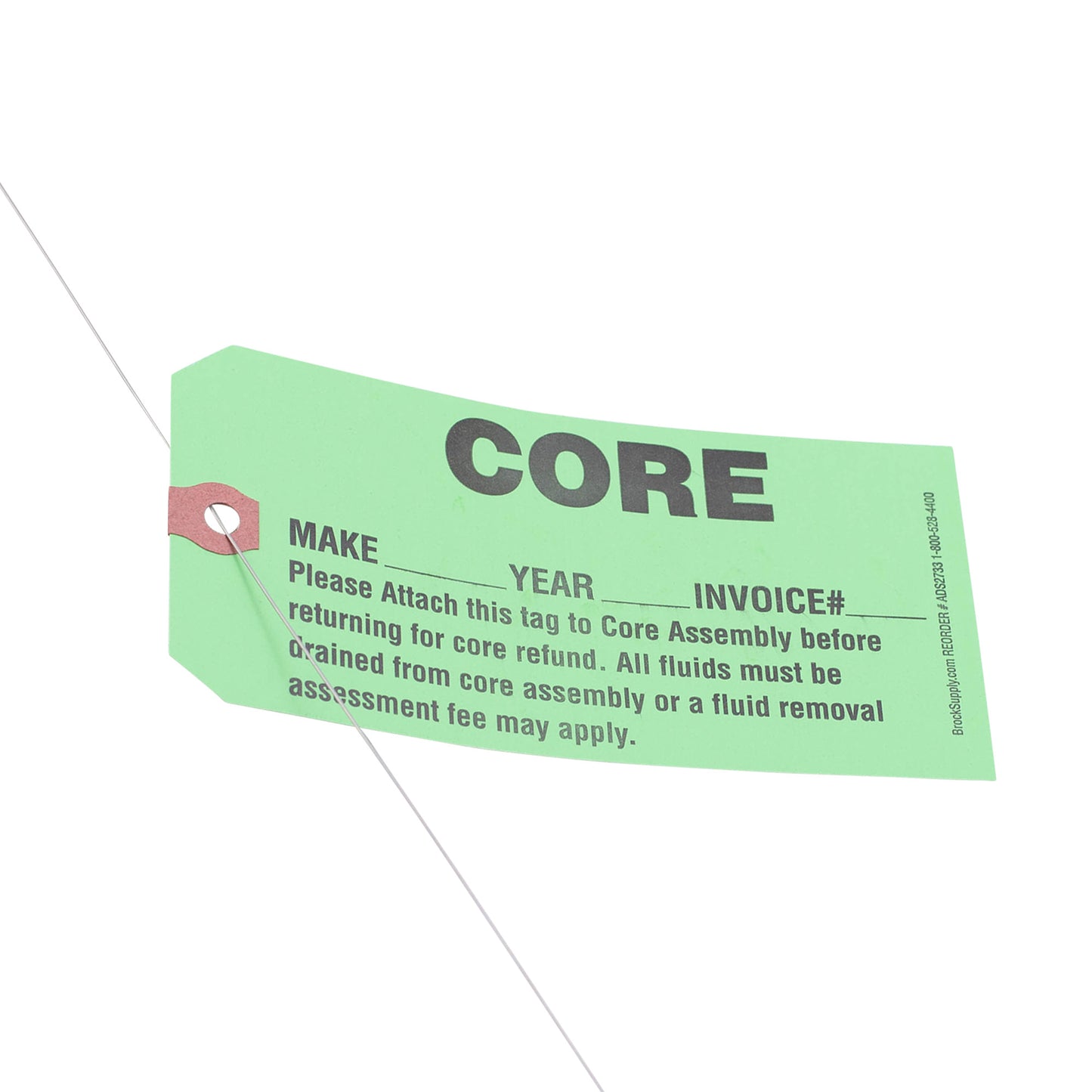 Brock ‘CORE’ Parts Tag With Wire Attached - 5 3/4 Inch x 2 7/8 Inch Bright Green Heavy Card Stock With Reinforced Eyelet- Includes Pen - 250 Tags Per Box ADS2733WA