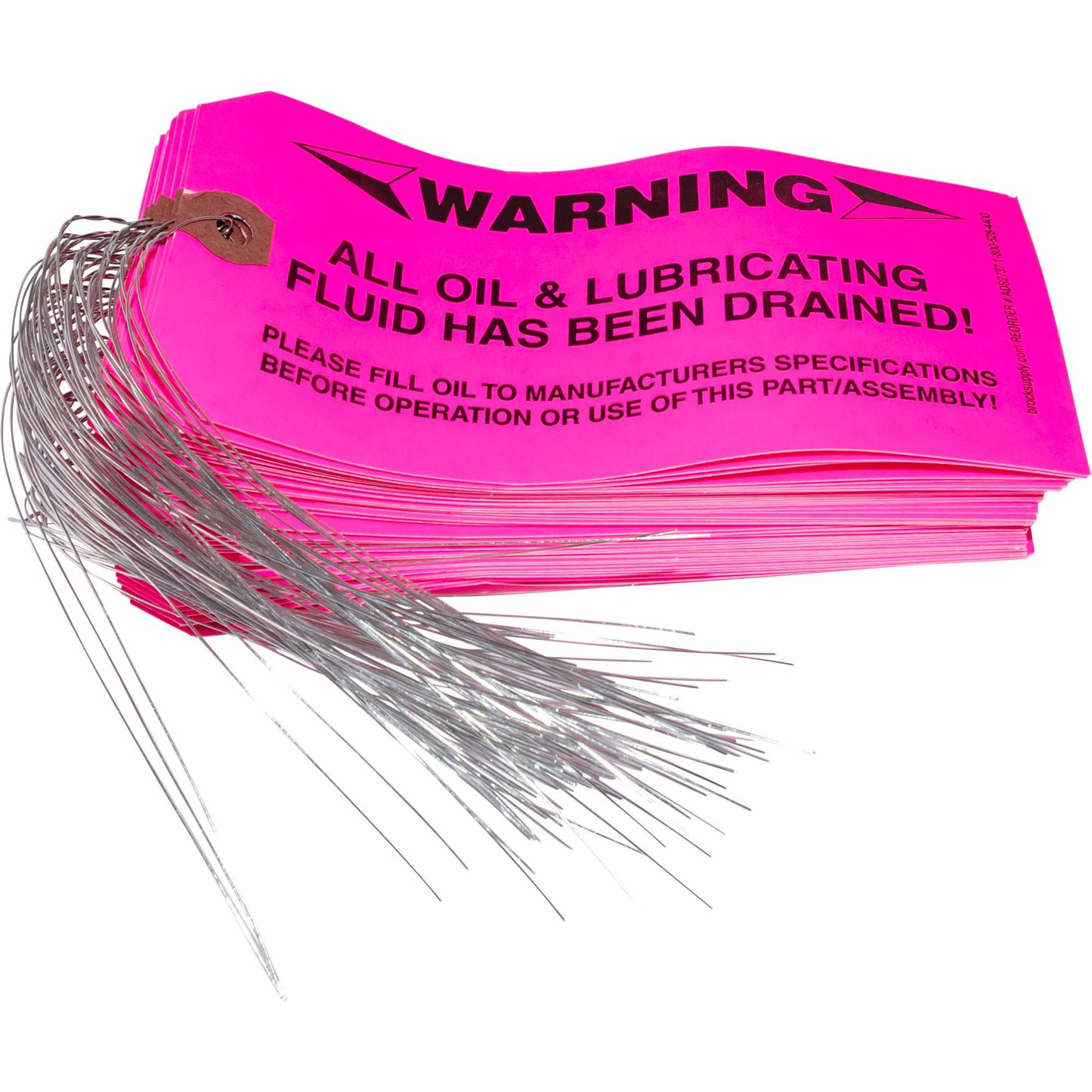 Brock 'Warning – All Oil & Lubricating Fluid Has Been Drained!’ Tag With Wire Attached - 5 3/4 Inch x 2 7/8 Inch Pink Heavy Card Stock With Reinforced Eyelet- Includes Pen – 250 Tags/Box ADS2737WA