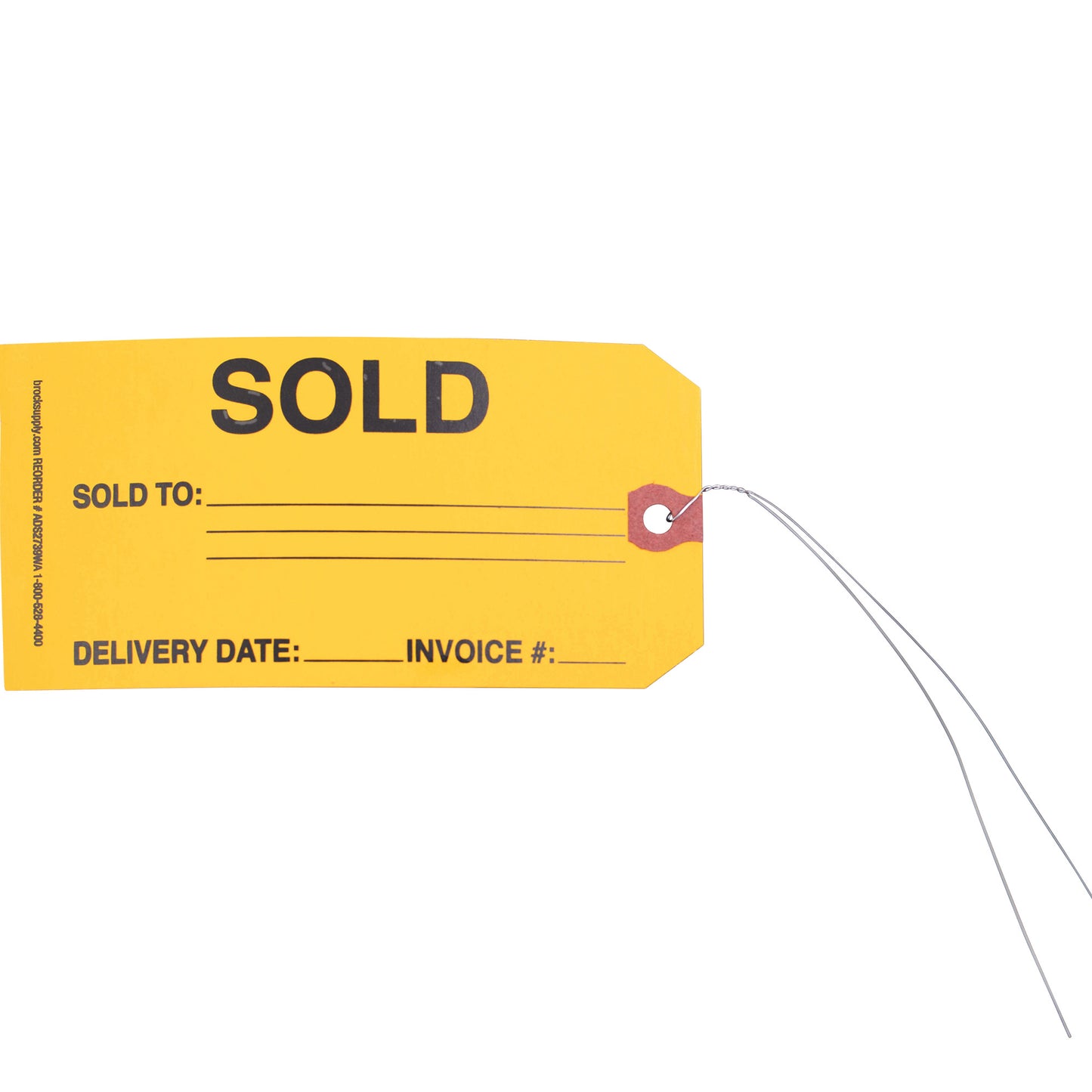 Brock ‘SOLD’ Parts Tag With Wire Attached - 5 3/4 Inch x 2 7/8 Inch Yellow Heavy Card Stock With Reinforced Eyelet- Includes Pen - 250 Tags Per Box ADS2739WA