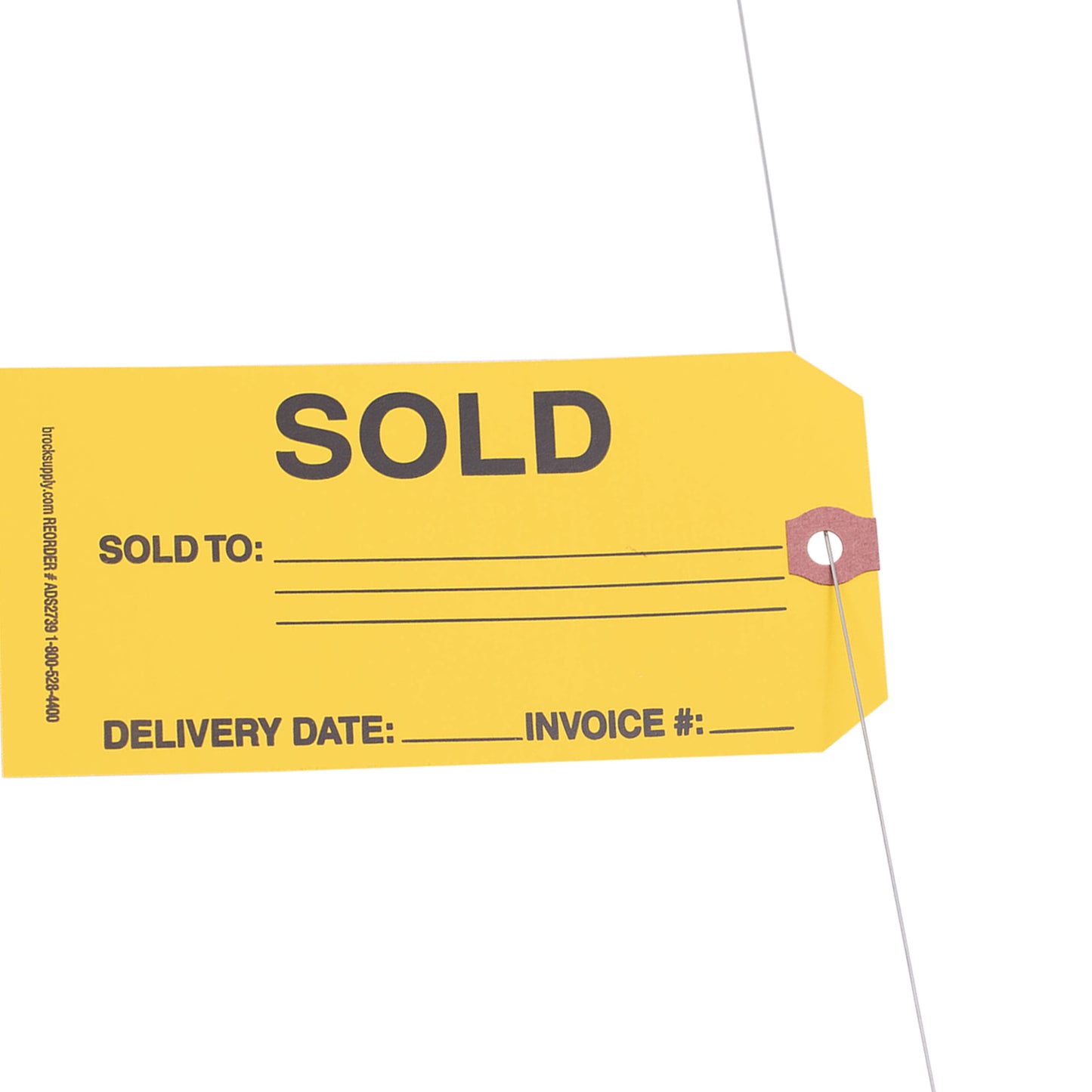 Brock ‘SOLD’ Parts Tag With Wire Attached - 5 3/4 Inch x 2 7/8 Inch Yellow Heavy Card Stock With Reinforced Eyelet- Includes Pen - 250 Tags Per Box ADS2739WA