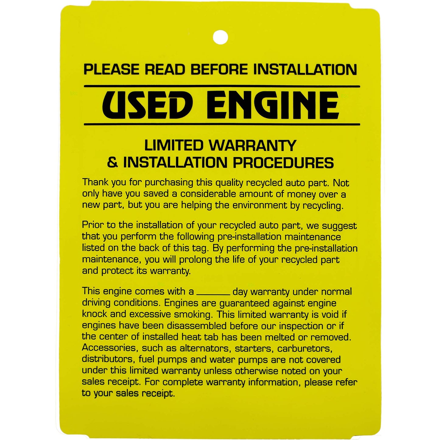 250 Pc Box Yellow Used Engine Pre-Installation Tags 4" x 5 1/2" High Strength Polysteel Weather Proof for Auto Shop Repair Salvage