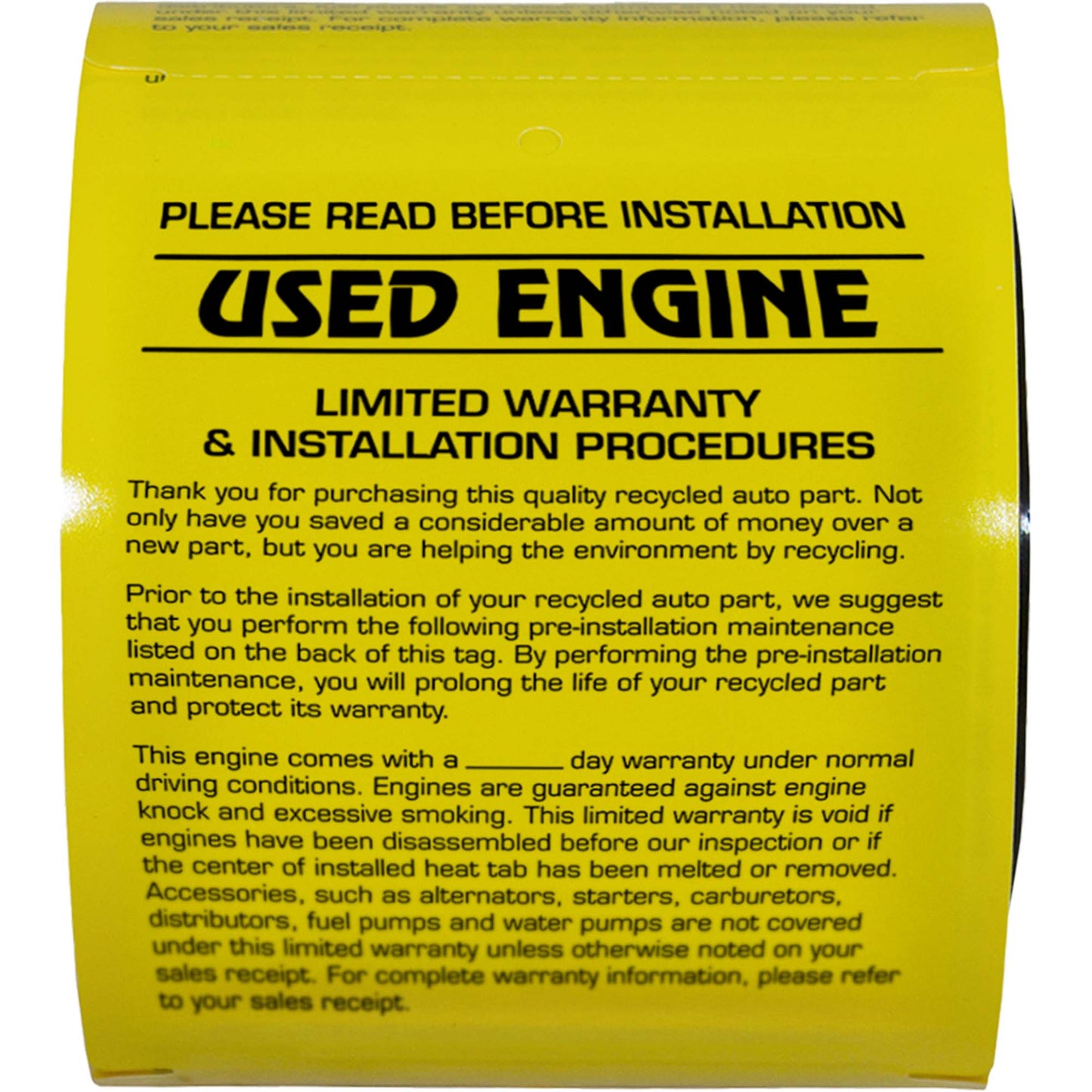 250 Pc Box Yellow Used Engine Pre-Installation Tags 4" x 5 1/2" High Strength Polysteel Weather Proof for Auto Shop Repair Salvage