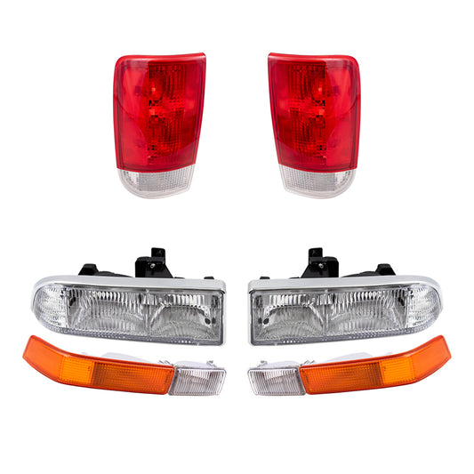 Brock Replacement Driver and Passenger Side Headlights, Park Signal Fog Lights and Tail Lights 6 Piece Set Compatible with 1998-2005 Blazer