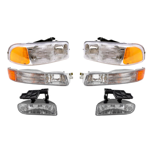 Brock Replacement Driver and Passenger Side Halogen Combination Headlight Assemblies, Fog Light Assemblies & Signal Marker Light Units 6 Piece Set Compatible with 99-02 Sierra & 00-06 Yukon & Yukon XL