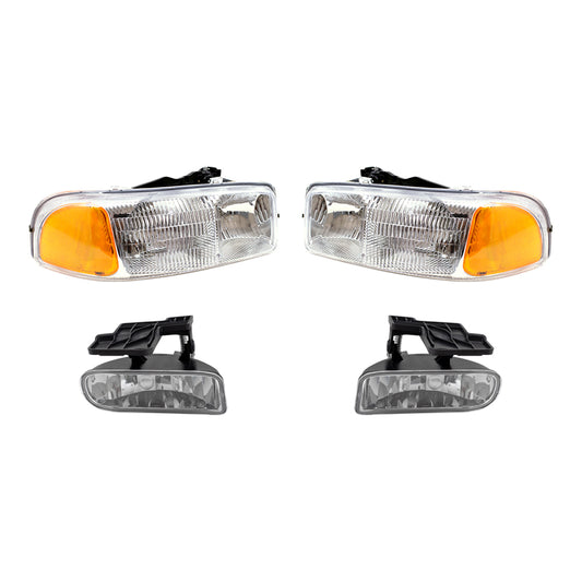Brock Replacement Driver and Passenger 4 Pc Set Headlights with Fog Lights Compatible with 1999-2002 Sierra Pickup Truck