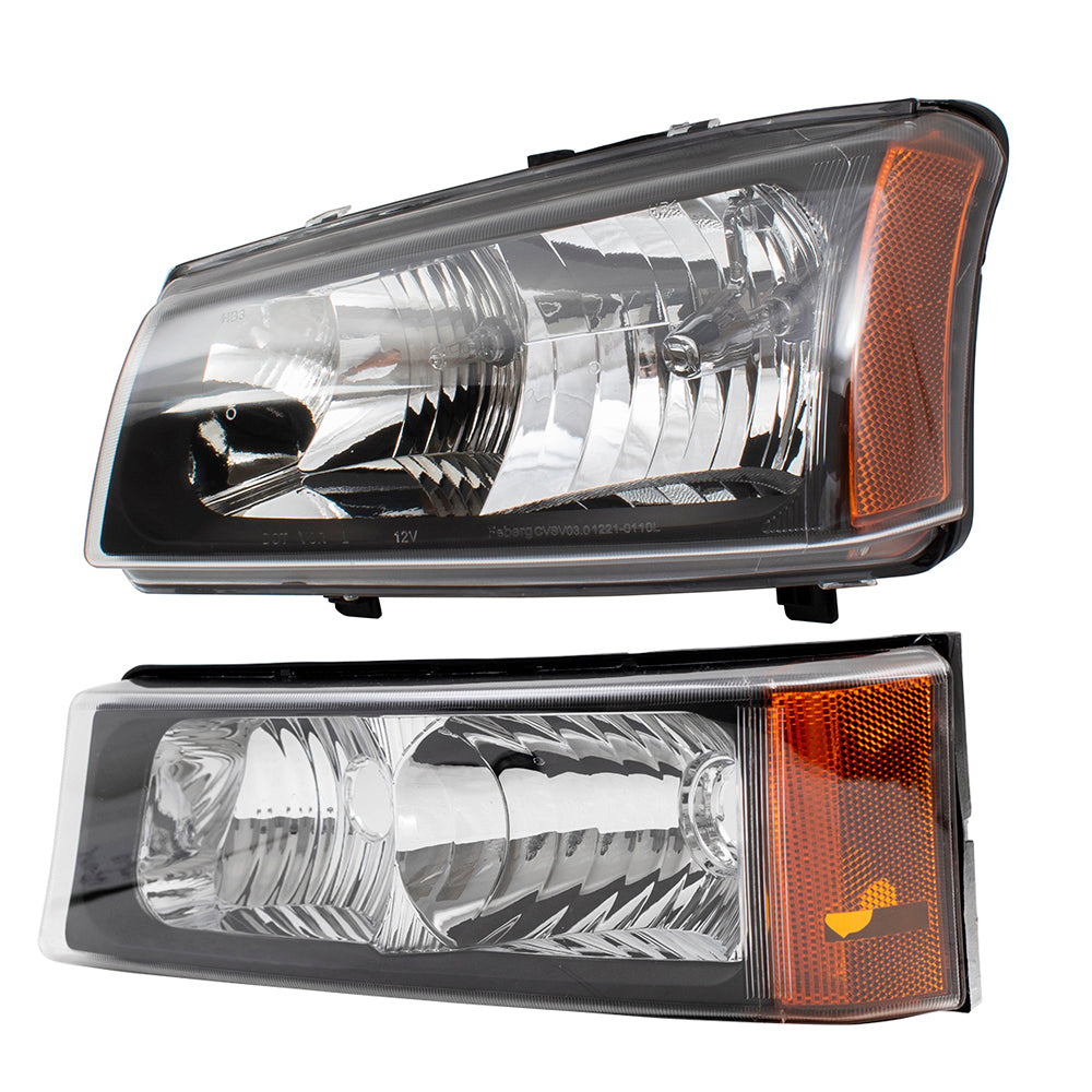 Brock Replacement 4 Pc Set Headlights and Front Park Signal Marker Lights Compatible with 2003-2006 Silverado Pickup Truck