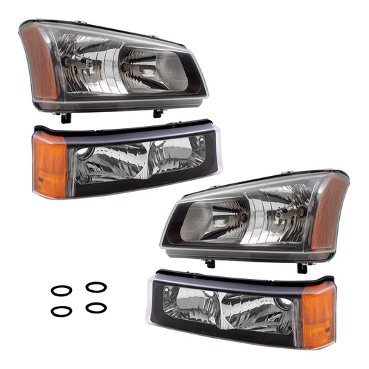 Brock Replacement Halogen Headlight w/ Fluted Reflector and Park/Signal Light 4 Piece Set Compatible with 03-06 Silverado