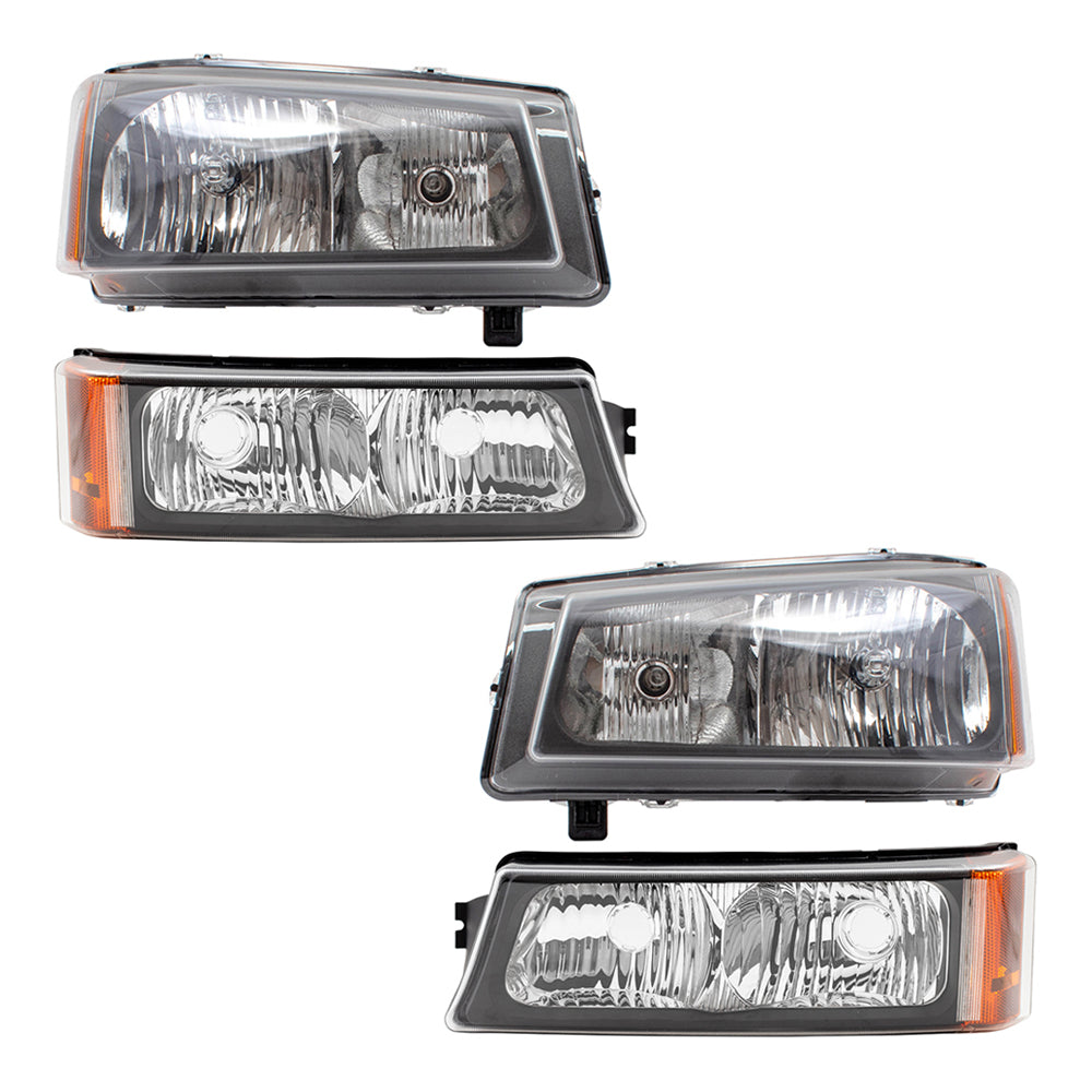 Brock Replacement Halogen Headlight w/ Fluted Reflector and Park/Signal Light 4 Piece Set Compatible with 03-06 Silverado