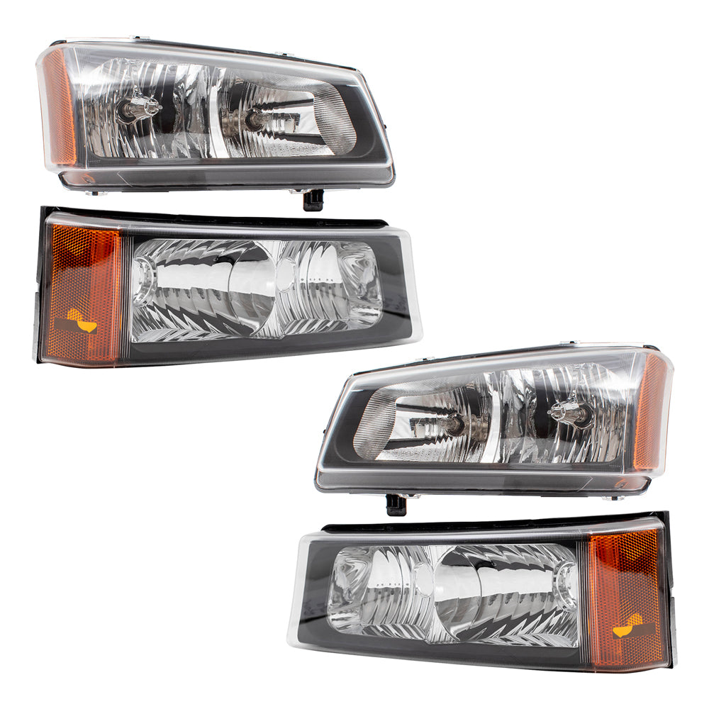 Brock Replacement Halogen Headlight w/ Fluted Reflector and Park/Signal Light 4 Piece Set Compatible with 03-06 Silverado