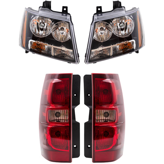 Brock Replacement 4 Pc Set Headlights with Tail Lights Driver and Passenger Set Compatible with 2007-2014 Tahoe