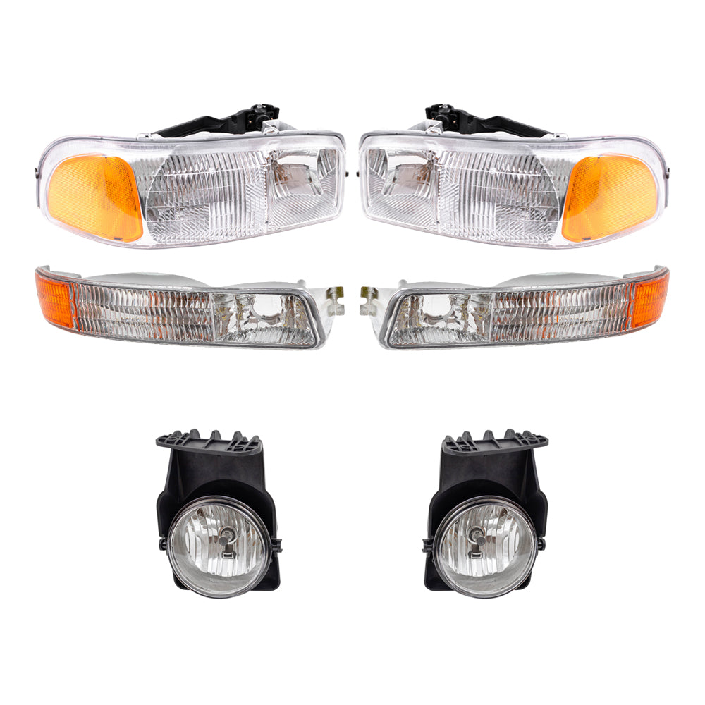 Brock Replacement Driver and Passenger Side Headlights, Park Signal Lights and Fog Lights 6 Piece Set Compatible with 2005-2006 Sierra & 2007 Sierra Classic
