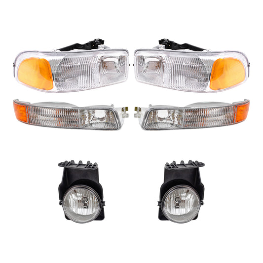 Brock Replacement Driver and Passenger Side Headlights, Park Signal Lights and Fog Lights 6 Piece Set Compatible with 2005-2006 Sierra & 2007 Sierra Classic