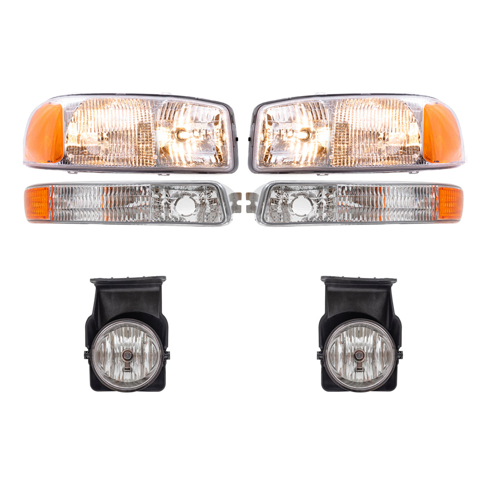 Brock Replacement Driver and Passenger Side Headlights, Park Signal Lights and Fog Lights 6 Piece Set Compatible with 2005-2006 Sierra & 2007 Sierra Classic
