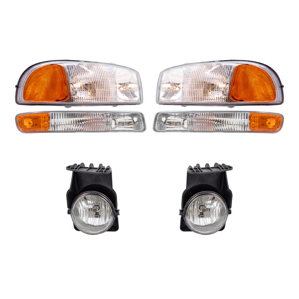 Brock Replacement Driver and Passenger Side Headlights, Park Signal Lights and Fog Lights 6 Piece Set Compatible with 2005-2006 Sierra & 2007 Sierra Classic
