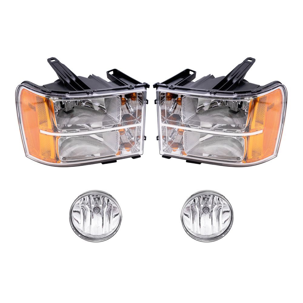 Brock Replacement Driver and Passenger Side Headlights and Fog Lights 4 Piece Set Compatible with 2007-2013 Sierra 1500 & 2007-2014 Sierra 2500/3500