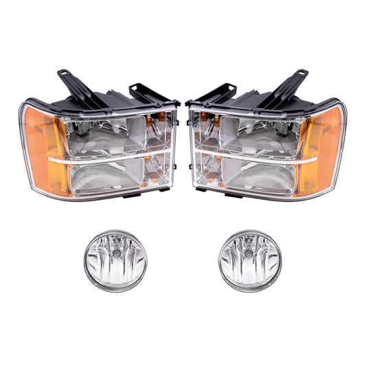 Brock Replacement Driver and Passenger Side Headlights and Fog Lights 4 Piece Set Compatible with 2007-2013 Sierra 1500 & 2007-2014 Sierra 2500/3500