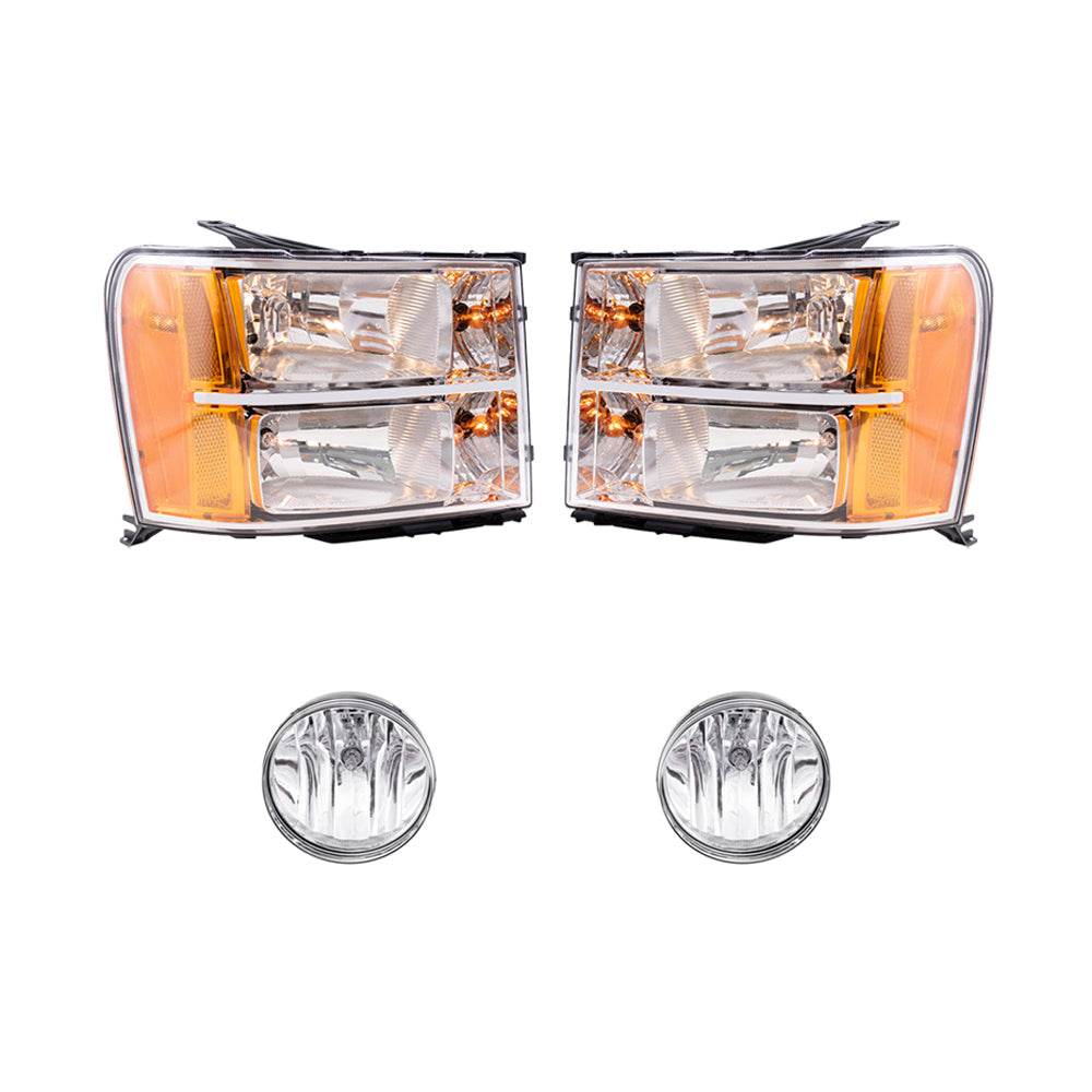 Brock Replacement Driver and Passenger Side Headlights and Fog Lights 4 Piece Set Compatible with 2007-2013 Sierra 1500 & 2007-2014 Sierra 2500/3500