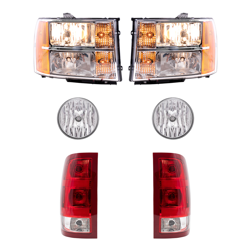 Brock Replacement Driver and Passenger Side Headlights, Fog Lights and Tail Lights 6 Piece Set Compatible with 2007-2010 Sierra 1500/2500 & 2007-2014 Sierra 3500