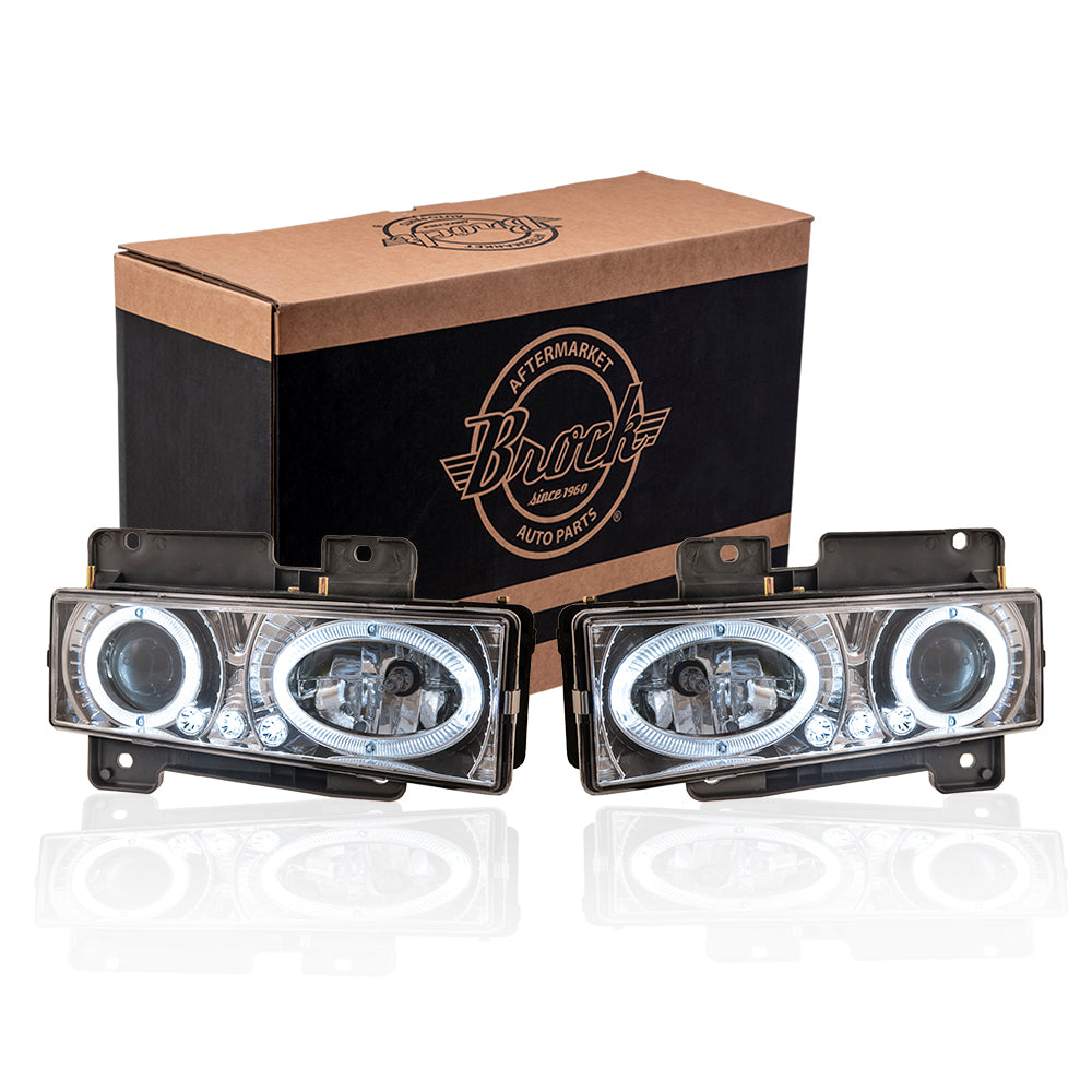 Headlight for 1988-1999 C1500 Projector Low Beam Dual Halo LED DRL w/ Chrome for 1992-1999 C1500 Suburban for 1988-2000 C2500 for 1992-1999 C2500 Suburban for 1988-2000 C3500 for 1988-1999 K1500 Set