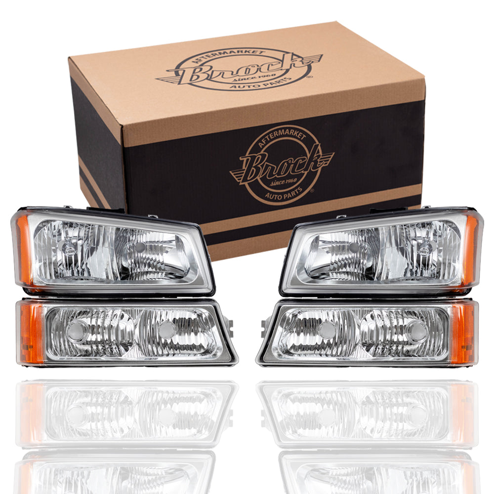 Brock Replacement Performance Set Headlights & Park Signal Lights with Chrome Bezels Compatible with 2003-2006 Avalanche Silverado Pickup Truck