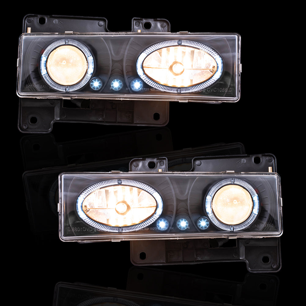 Brock Aftermarket Replacement Front Driver Left Passenger Right Composite Type Performance Headlight Set Black Bezel With Projector-Halo-LED DRL Compatible with 1988-2000 GM C/K Pickup